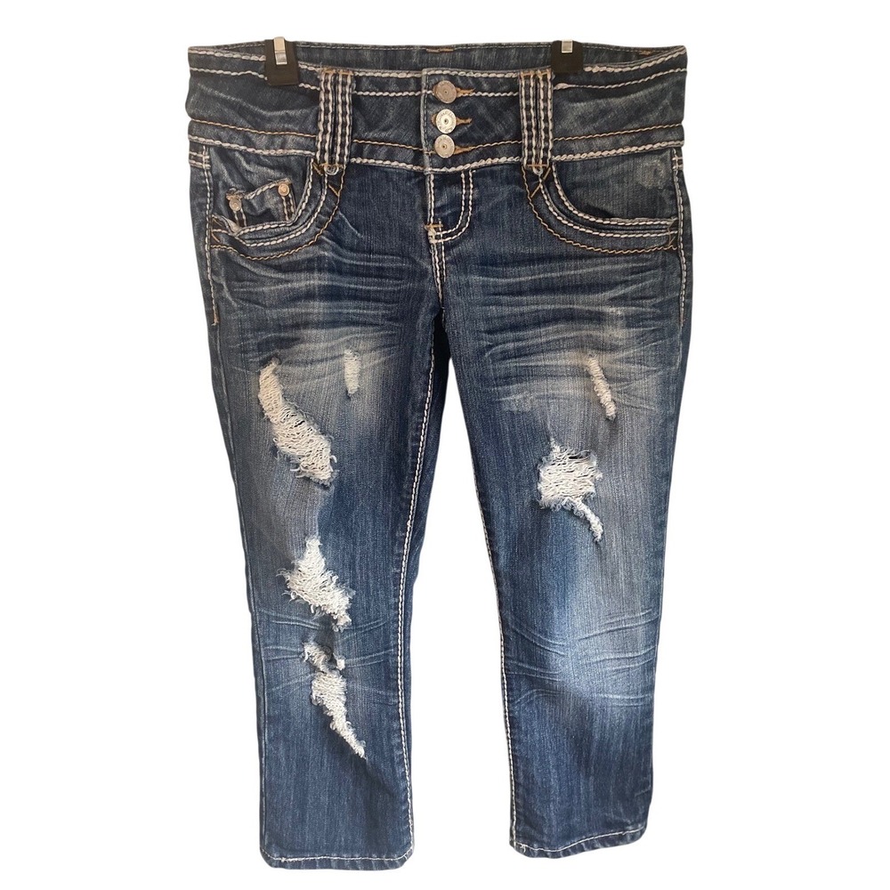 VTG Almost Famous Low Rise Distressed Thick Stitch Capri Jeans Y2K McBling